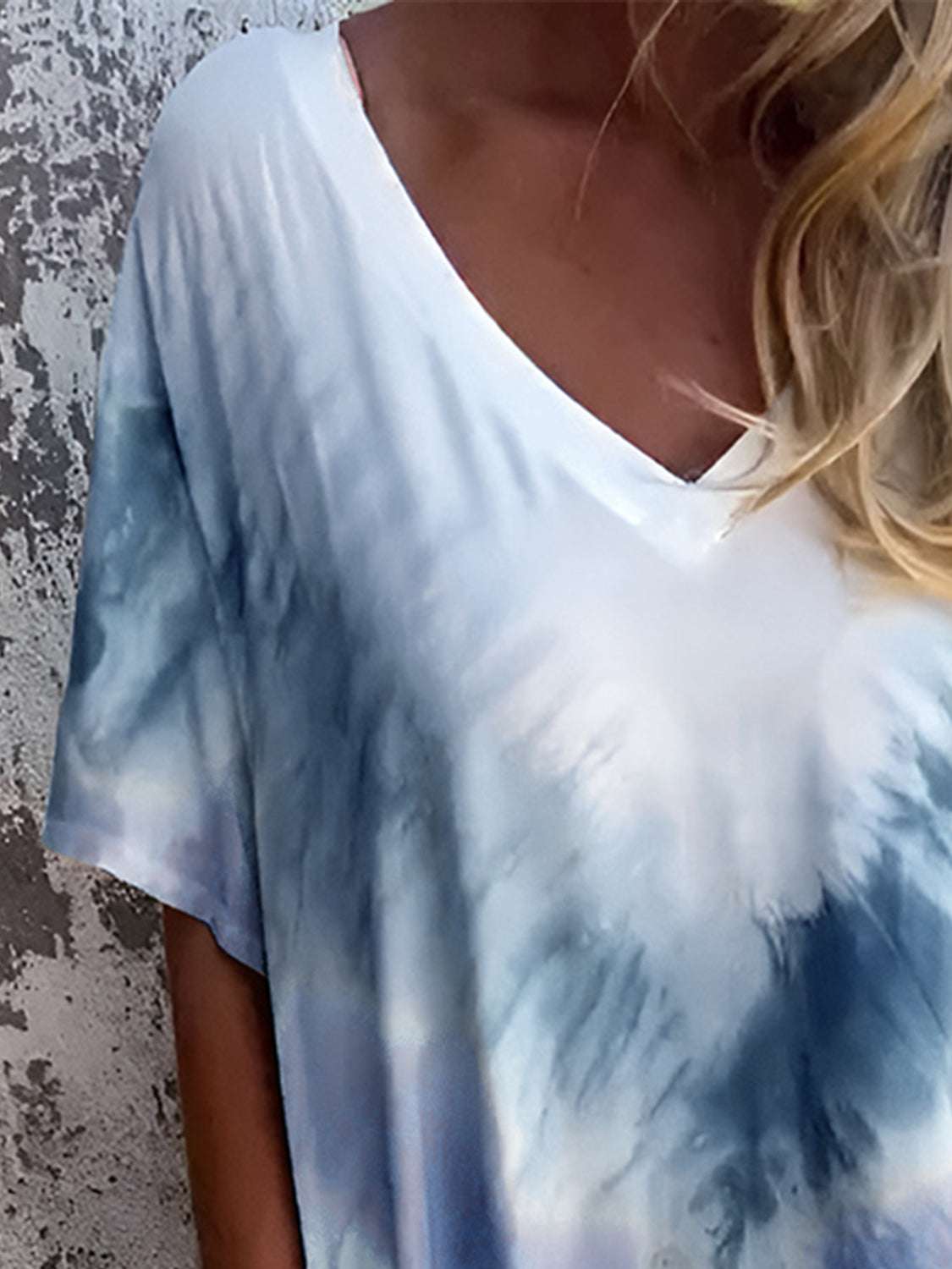 Tie-Dye Maxi Dress with V-neck and short sleeves, featuring a light blue and white pattern.