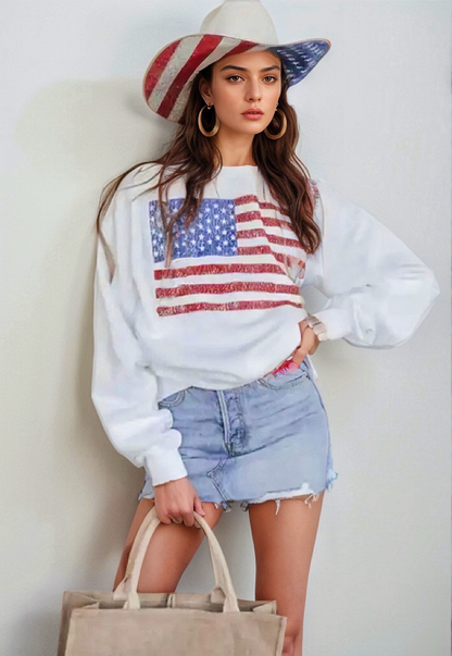 USA sweatshirt with US flag design, slightly stretchy cotton-polyester blend.