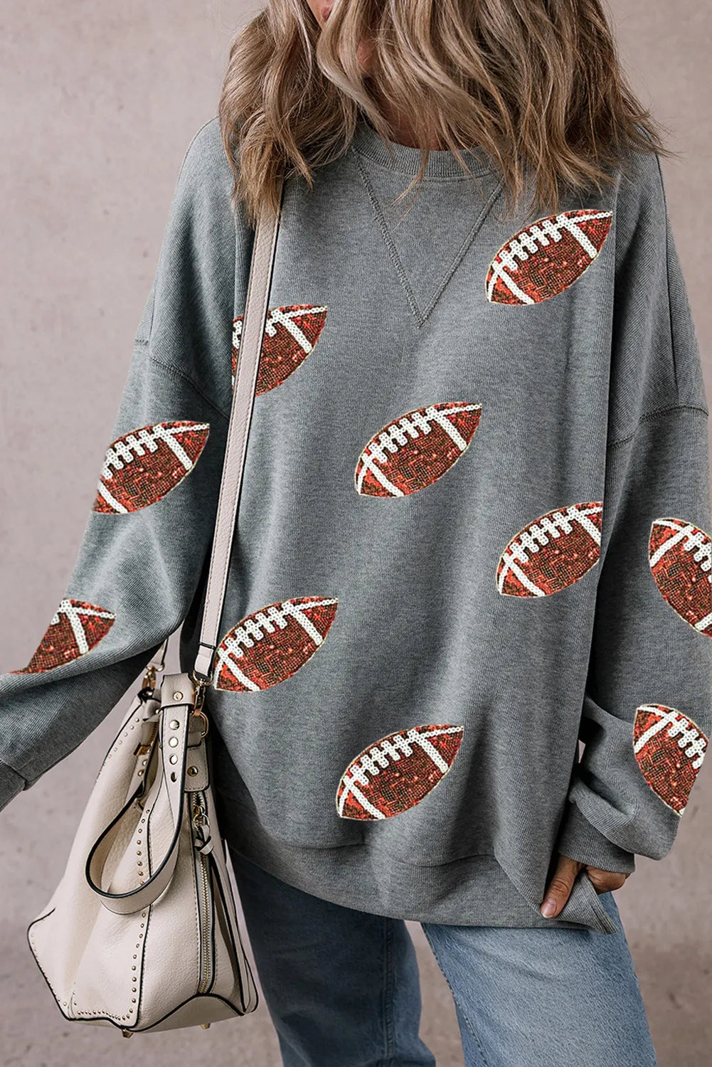 Sequin Football Round Neck Long Sleeve Sweatshirt with casual fit and football pattern design.