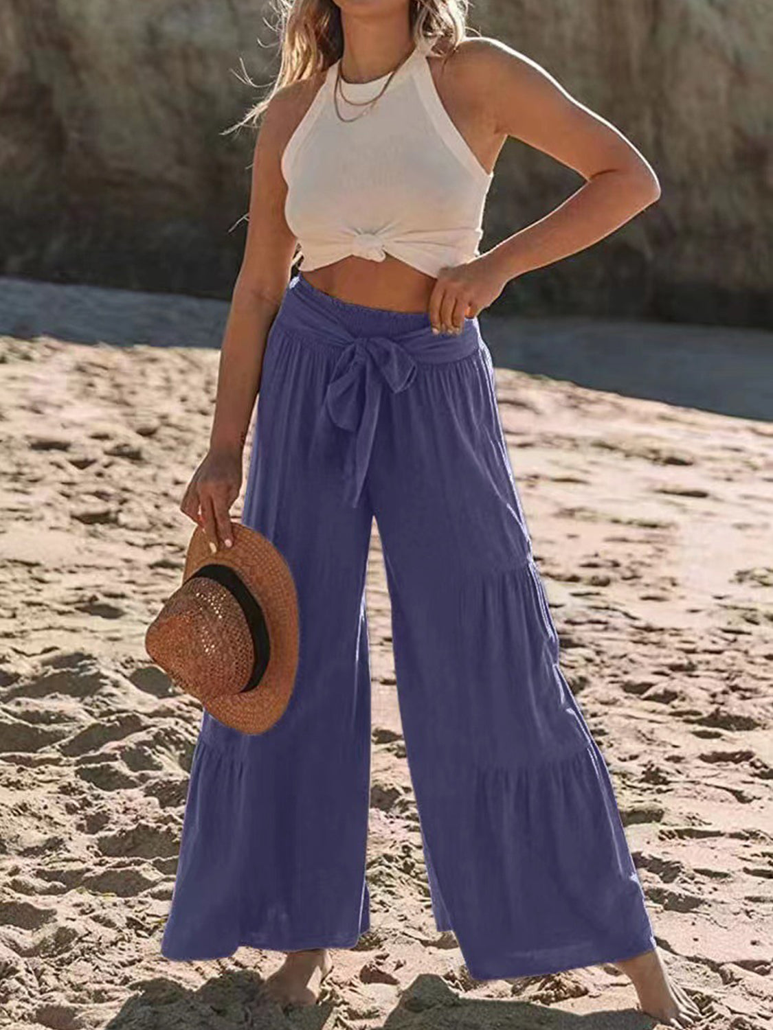 Tied ruched wide leg pants, high waist, comfortable, chic beachwear.