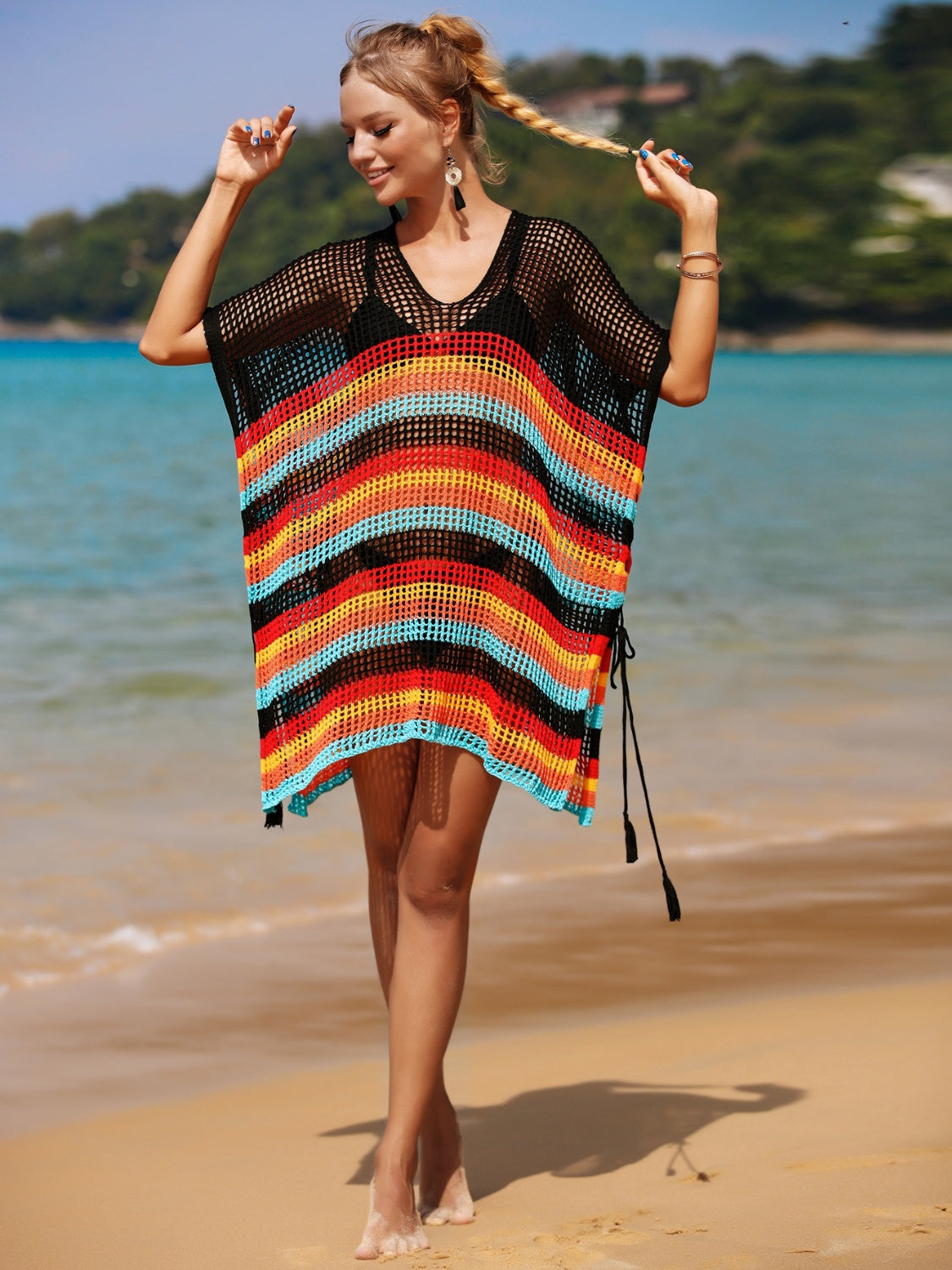 Rainbow cutout striped swim cover-up with slit and semi-sheer design.