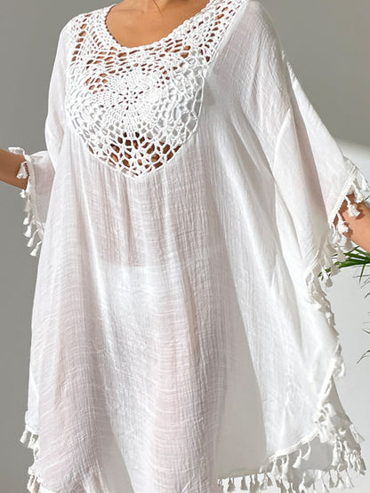 Tassel cutout scoop neck cover-up dress, semi-sheer, acrylic polyester blend.