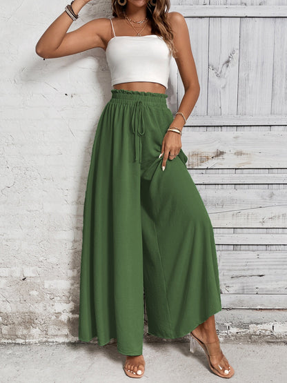 Boho tied high waist wide leg pants in green, 100% cotton.