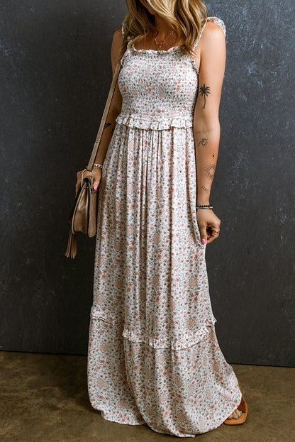 White lace floral maxi dress with frilly straps and shirred design.