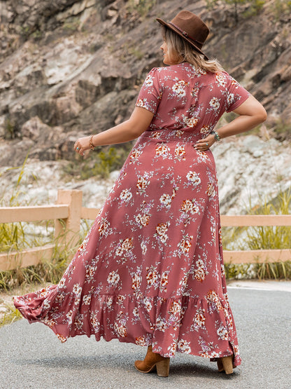 Plus Size Floral Slit Ruffle Hem Dress in boho style for curvy women.