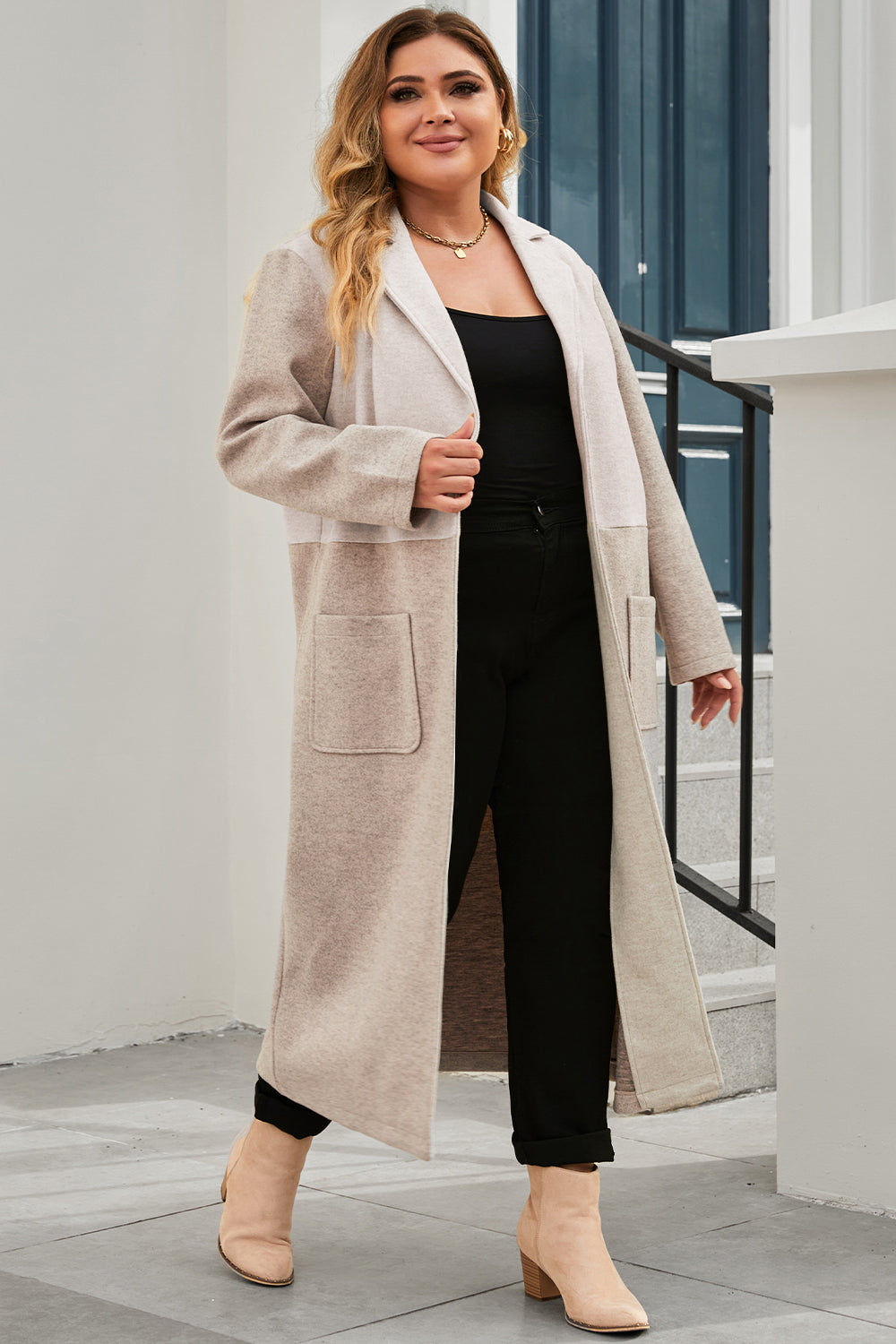 Plus Size Collared Neck Buttoned Longline Coat for Curvy Women