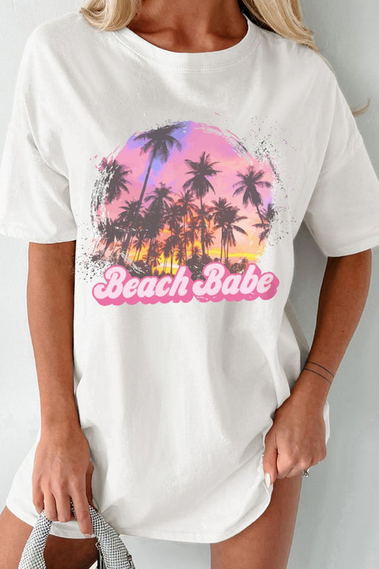 Beach Babe Graphic T-Shirt with palm tree design, 95% cotton, slightly stretchy.