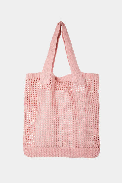 Pointelle Knit Crochet Tote Bag in pink polyester, medium size.