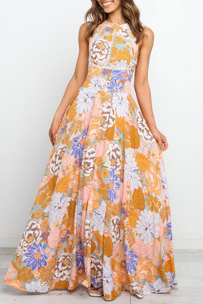 Orange boho floral backless lace up sleeveless maxi dress, perfect for weddings and chic statements.