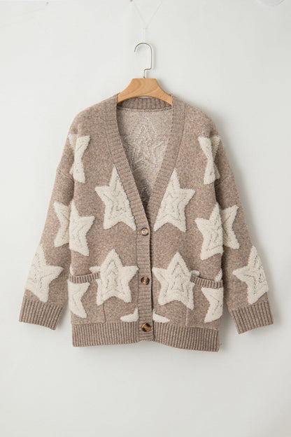 Star print button up cardigan with pockets and slightly stretchy material.