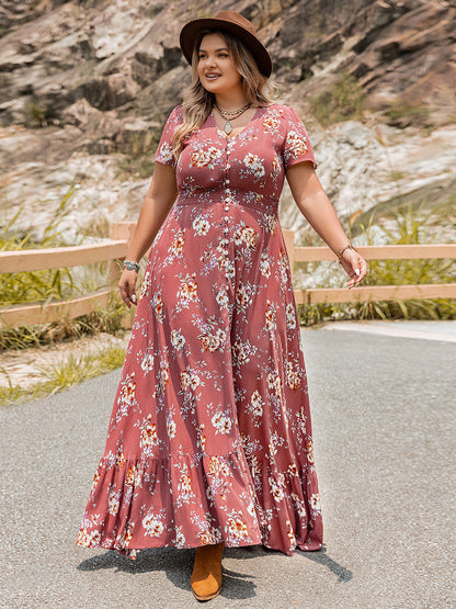 Plus size floral slit ruffle hem dress for curvy women in boho style.