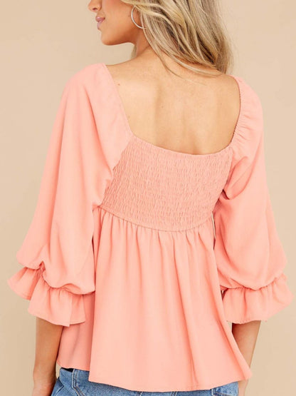 Smocked Square Neck Flounce Sleeve Blouse in peach, back view, featuring ruffled sleeves and non-stretch fabric.