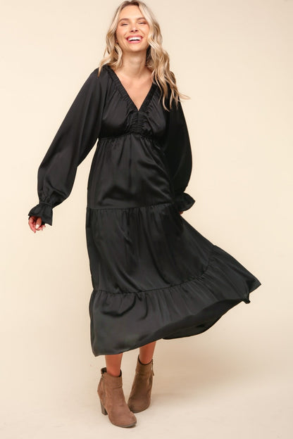 Flounce Sleeve Tiered Midi Dress with Pockets in black with flowy silhouette.