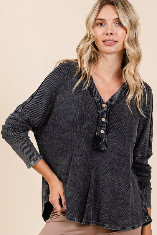 Washed v-neck long sleeve blouse with buttoned front in vintage texture, boho top for women.