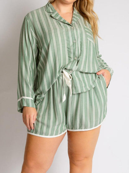 Striped collared neck long sleeve top and shorts lounge set in green with buttons.