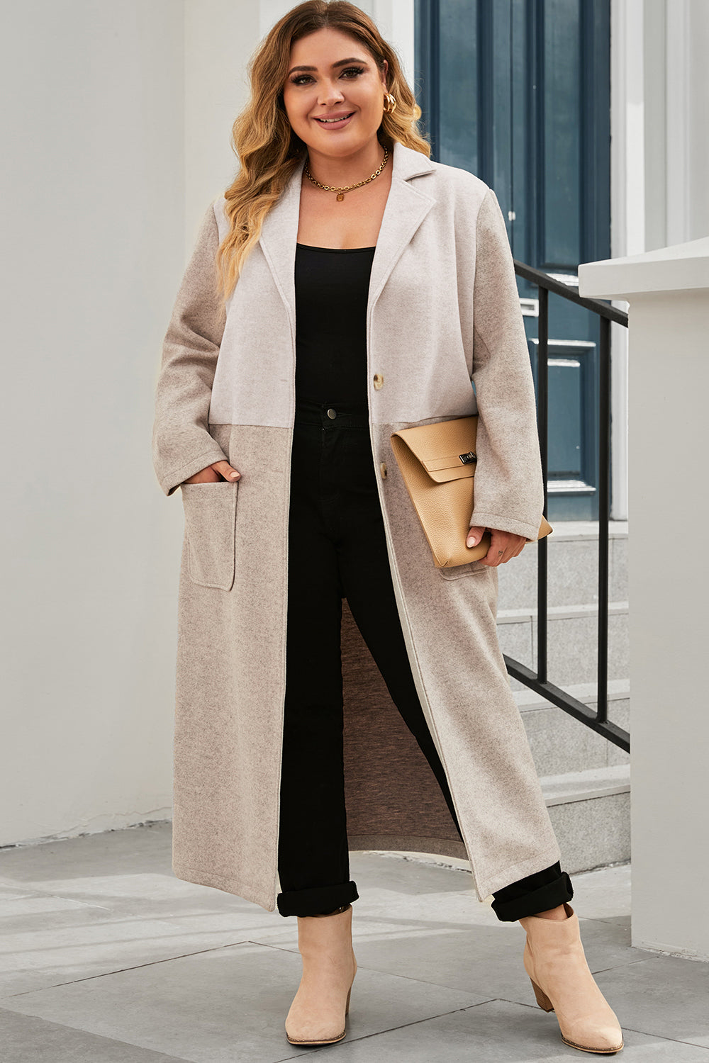 Plus Size Collared Neck Buttoned Longline Coat for Curvy Women