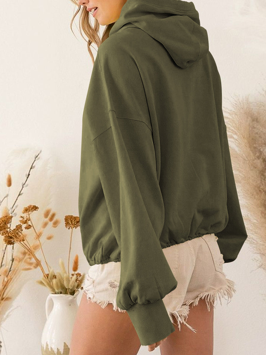 Green zip-up dropped shoulder hoodie with pocket and drawstring, made of polyester and rayon, shown on a person.