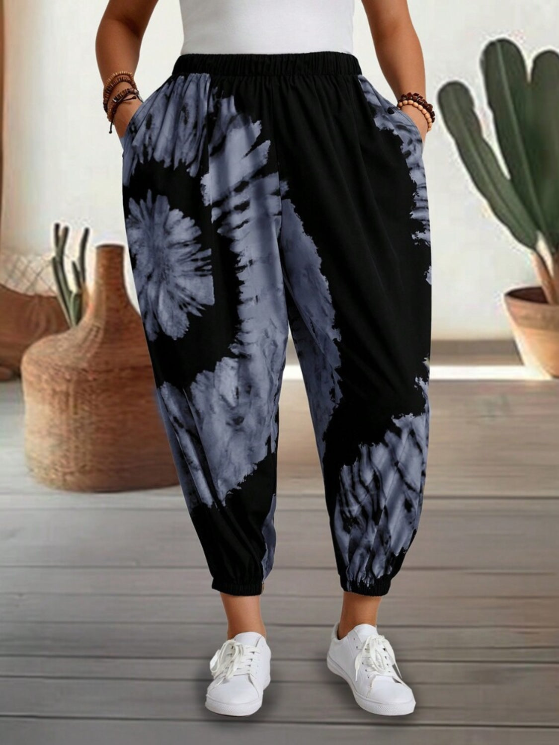 Tie-Dye Elastic Waist Pants in black and gray, 100% polyester, basic style.