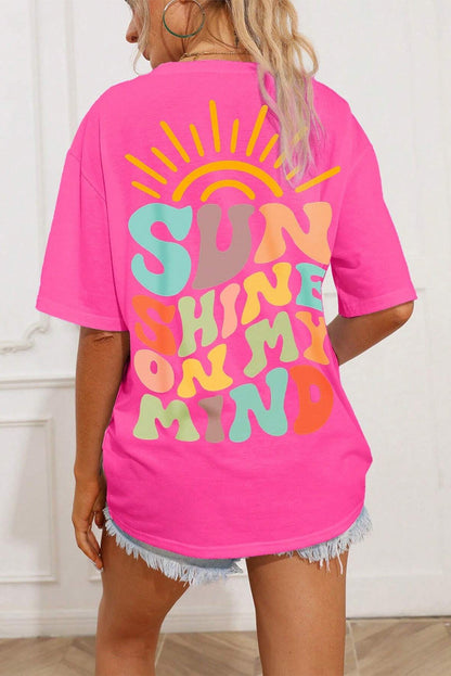 Pink 'Sunshine On My Mind' graphic T-shirt, cotton blend, no stretch.