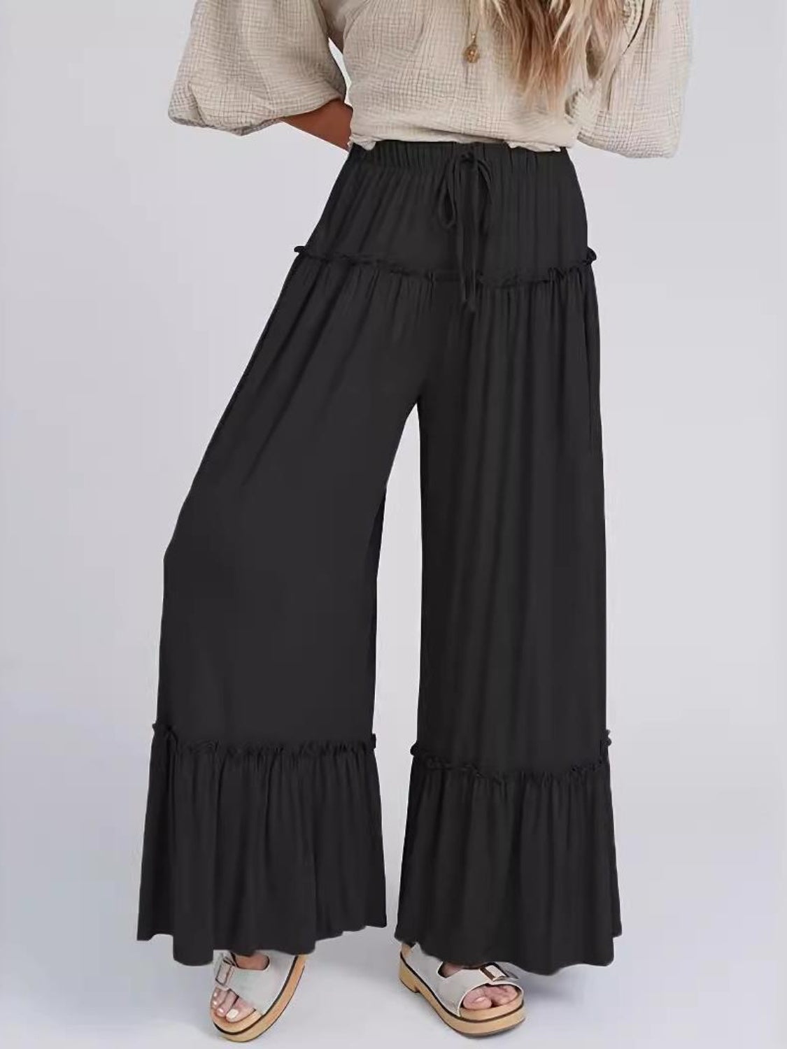 Full Size Frill Wide Leg Pants with drawstring, made of 100% polyester.