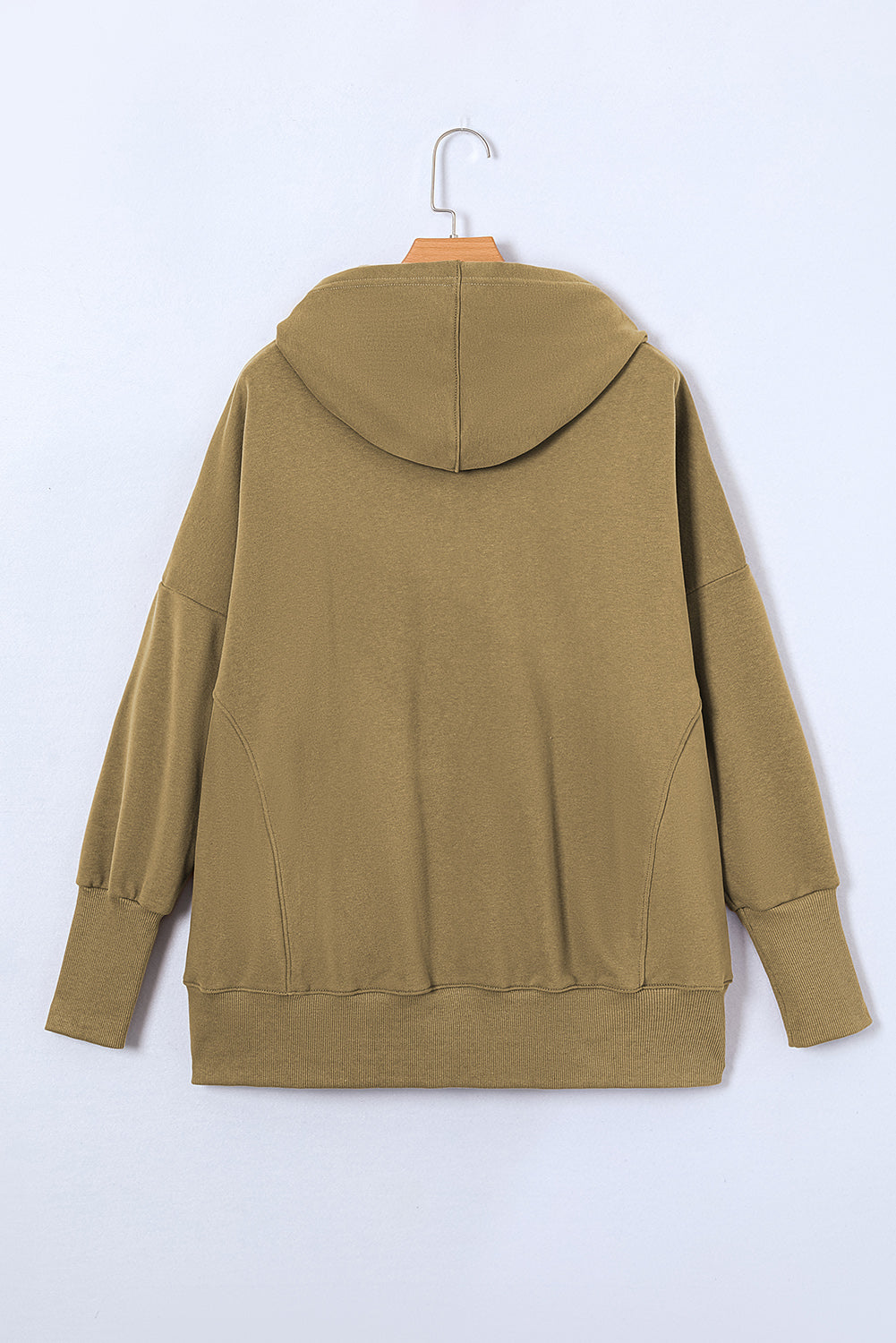 Olive green quarter-snap dropped shoulder hoodie with pocket detailing.