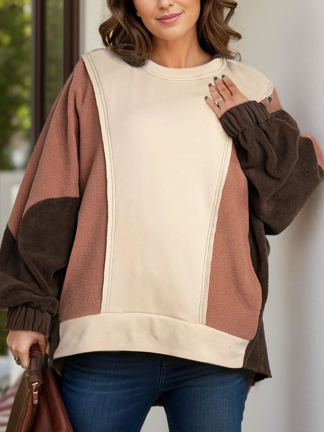 Plus size color block long sleeve hoodie in beige and brown.