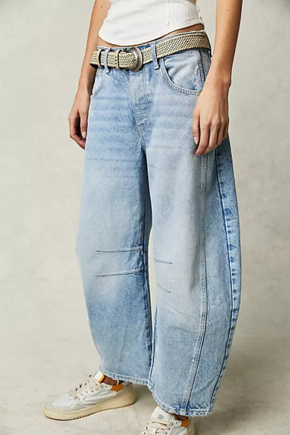 Wide leg barrel jeans with pockets, no stretch, 95% cotton, light wash denim.