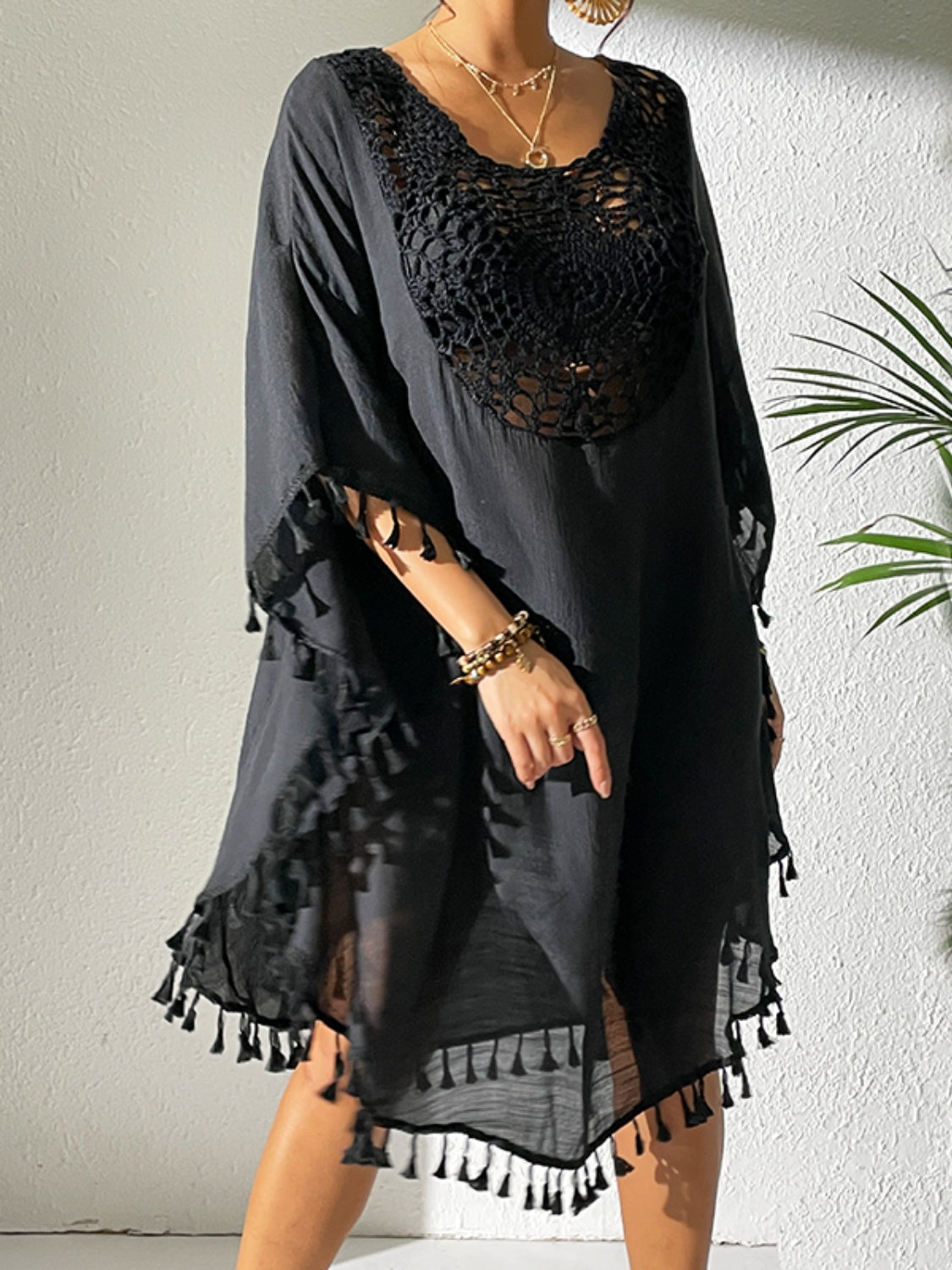 Tassel cutout scoop neck cover-up dress, semi-sheer fabric, no stretch, black, acrylic polyester blend.