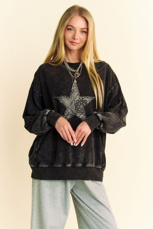 Stud Star Patch Acid Washed Sweatshirt