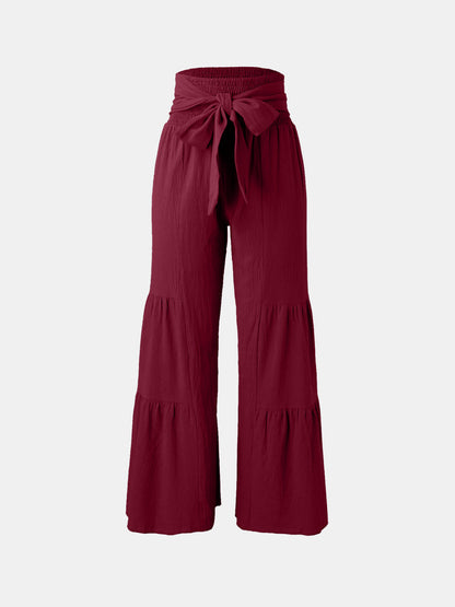 Tied Ruched Wide Leg Pants in burgundy, high waist, comfortable and chic.