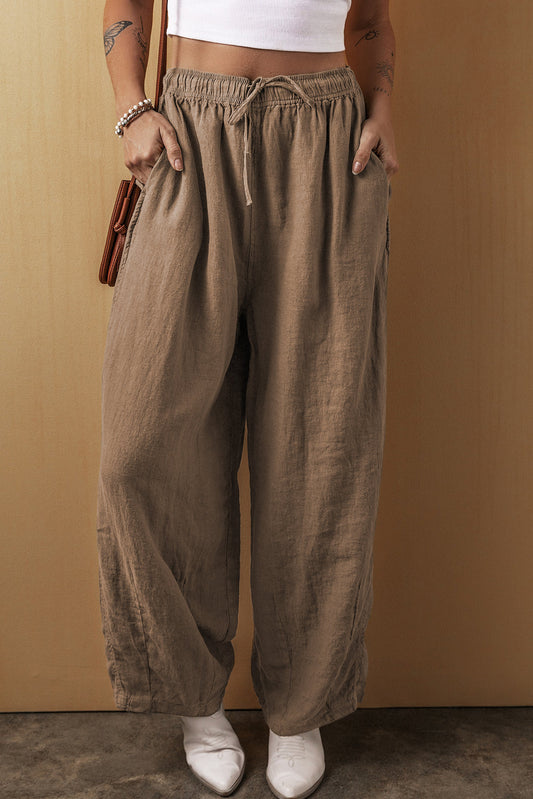 Desert Palm cotton linen drawstring waist wide leg pants, relaxed fit, comfortable, stylish, brown color.