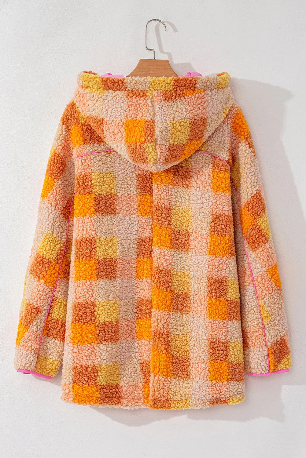 Plaid long sleeve hooded jacket in warm colors with lined body and basic style.