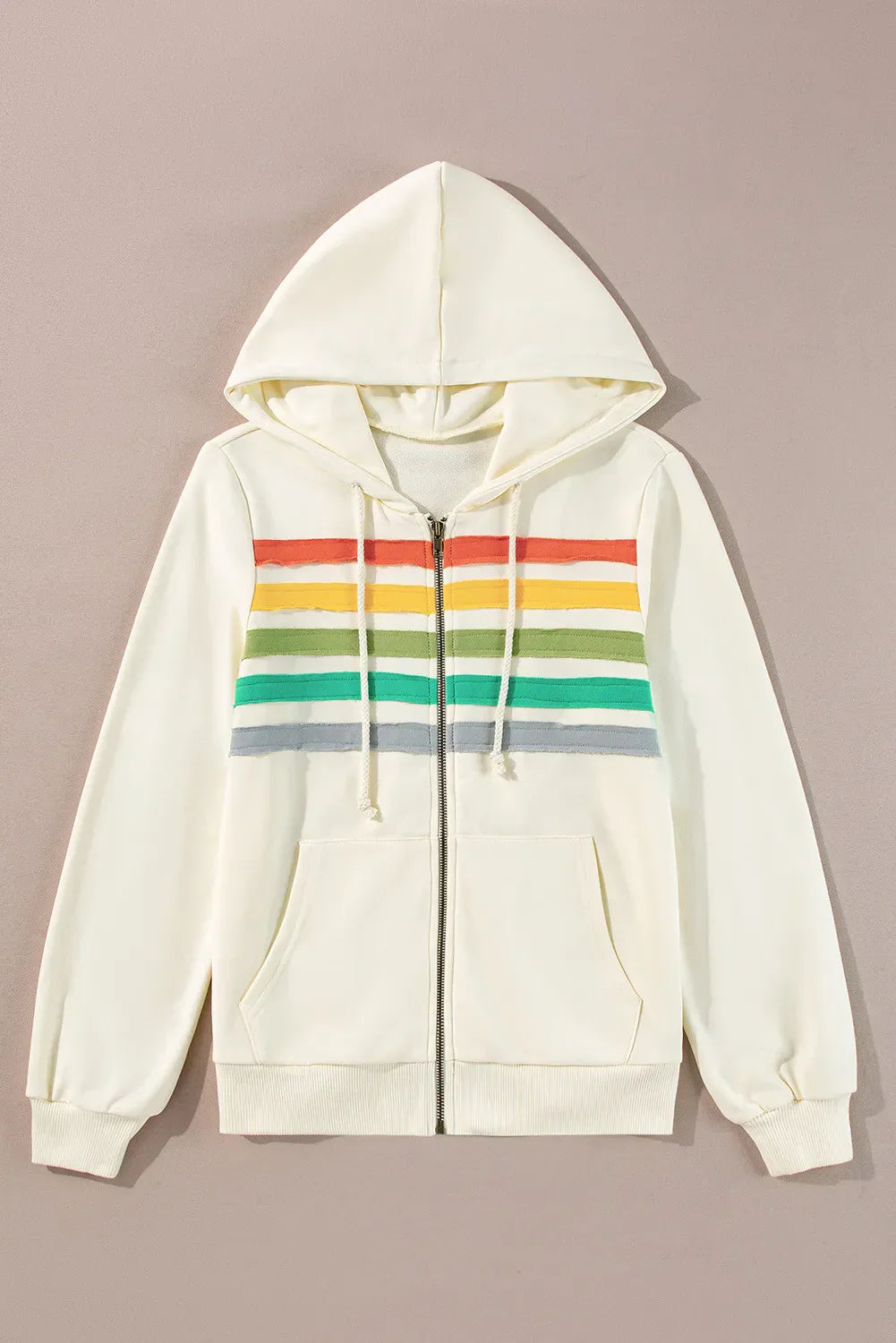 Drawstring contrast zip-up long sleeve rainbow hoodie.