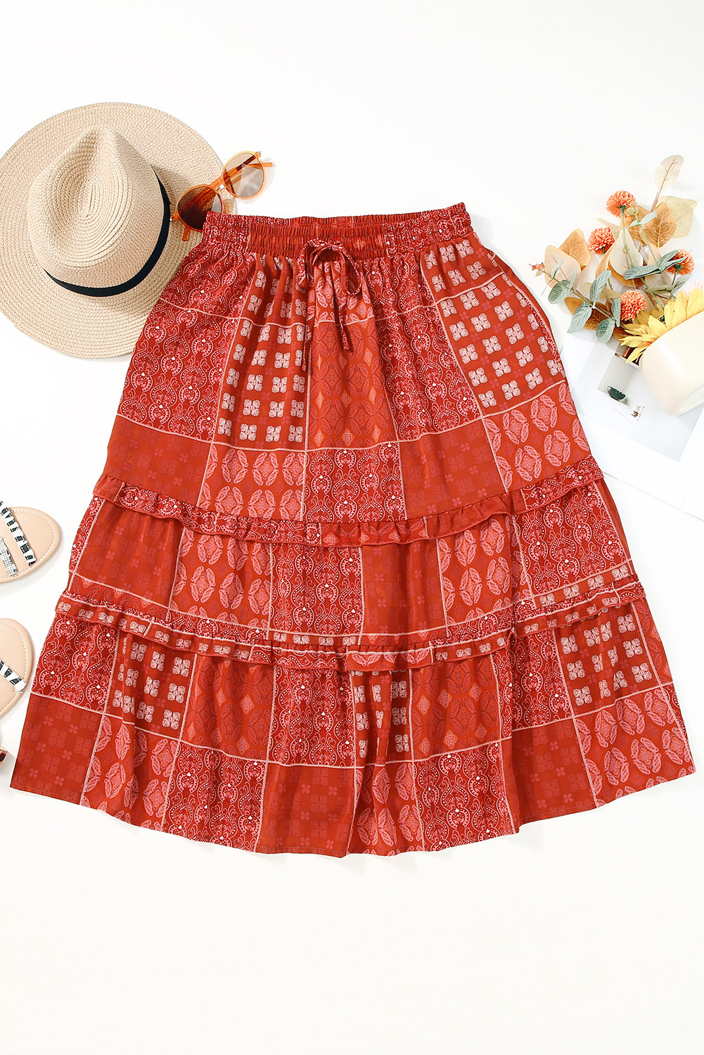 Bohemian Mix Print Long Flared Skirt