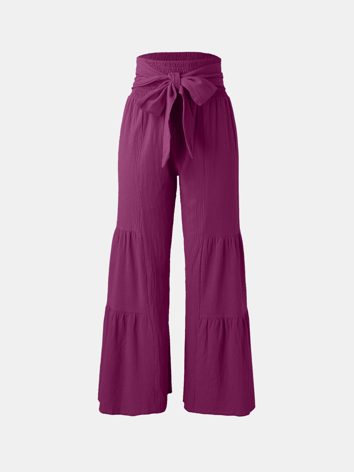 Tied ruched wide leg pants in purple, high waist, comfortable and chic.