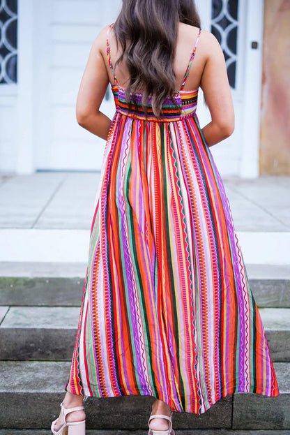 Multicolour Striped Thin Straps Smocked Back Boho Maxi Dress