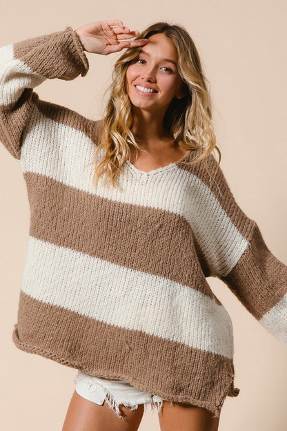 Neutral Colored Slit Striped V-Neck Dropped Shoulder Sweater