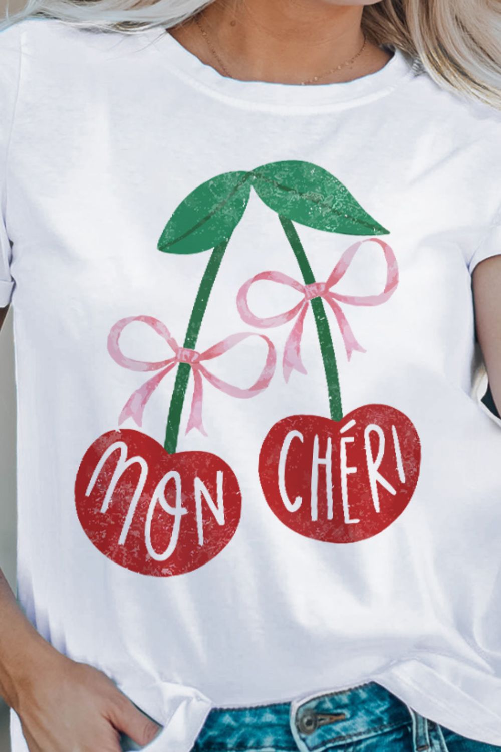 White Cherry Graphic T-Shirt with cherry design, polyester-cotton blend, opaque, no stretch.