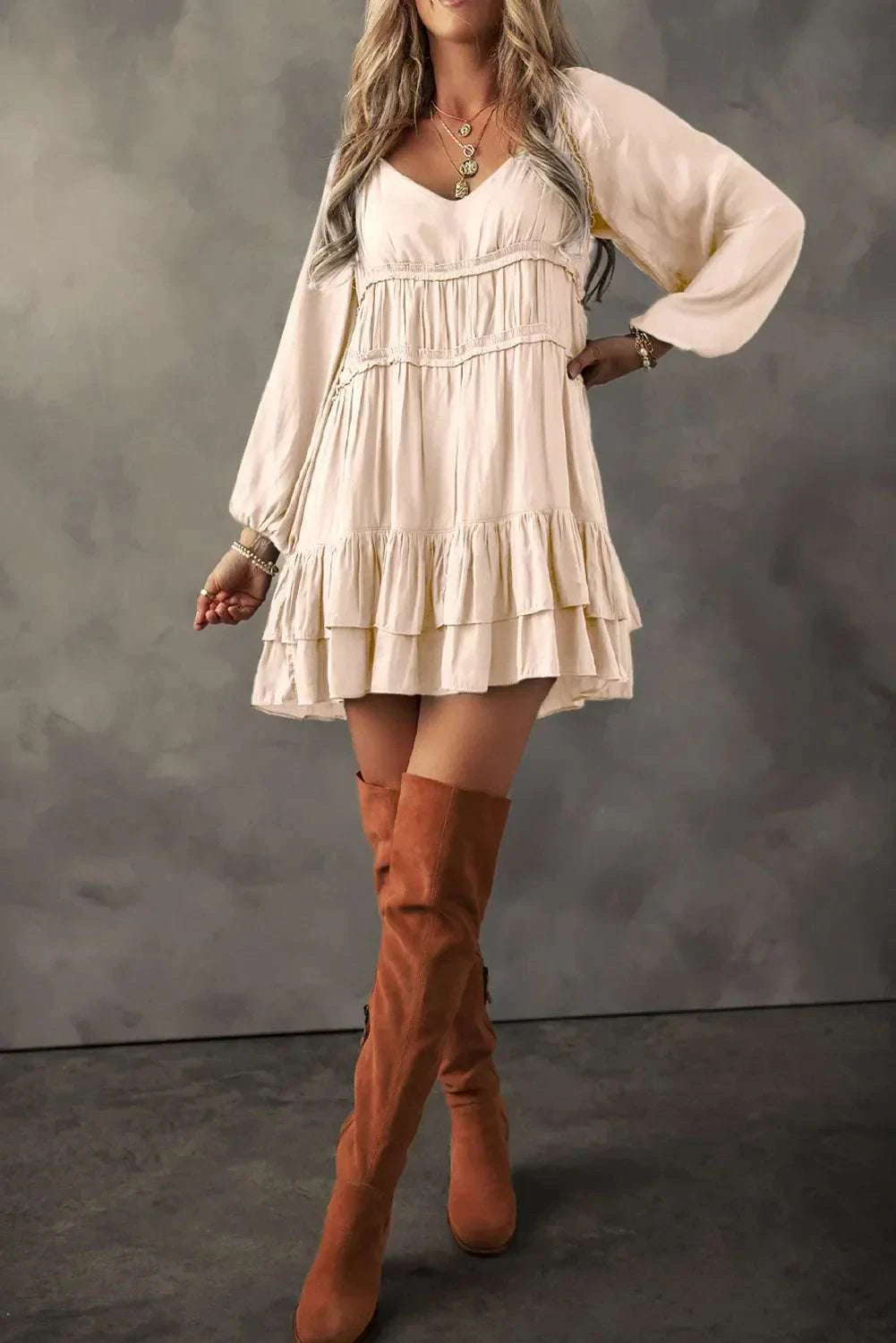 Frill Ruffled V-Neck Long Sleeve Mini Dress in cream with layered hem design.