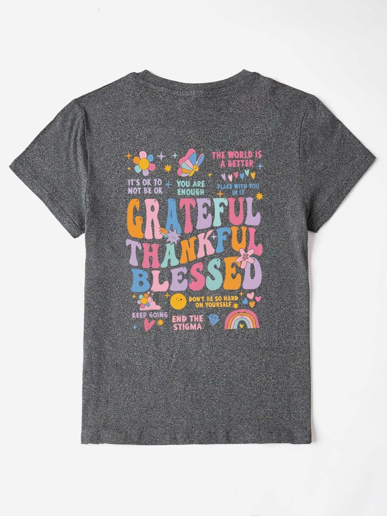 Grateful Thankful Blessed Graphic T-Shirt, polyester, slightly stretchy, basic style, unisex fit.