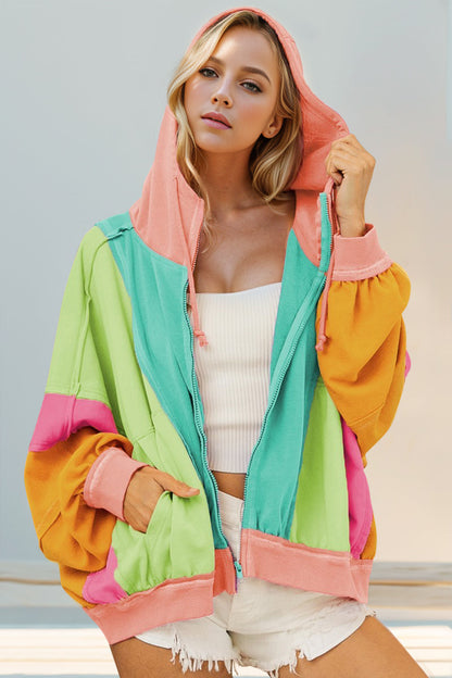 Double Take Color Block Zip Up Hoodie